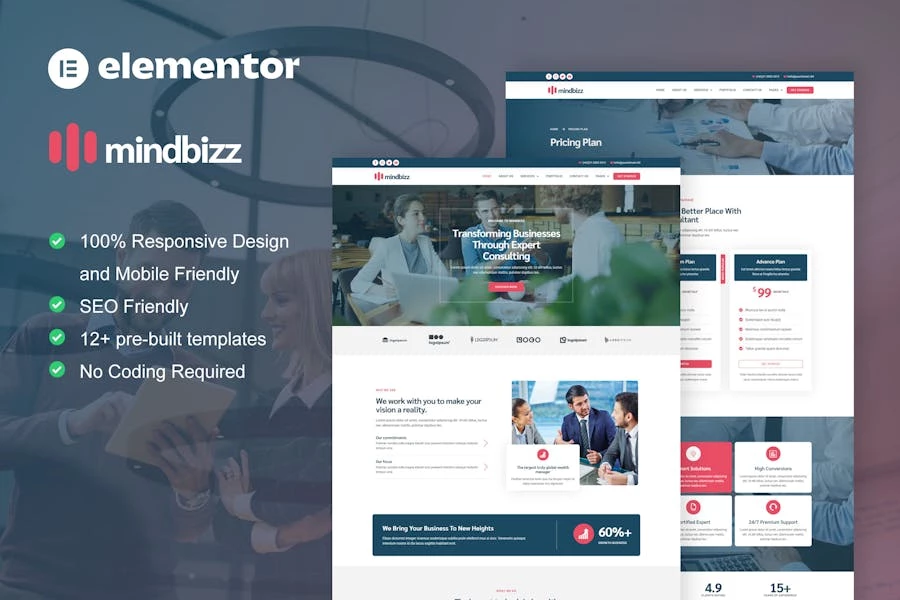 MindBizz - Kit de plantillas Elementor Pro para consultoría empresarial