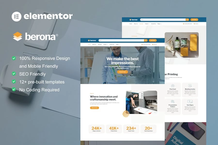 Berona - Template Kit Elementor para servicio de impresión y diseño