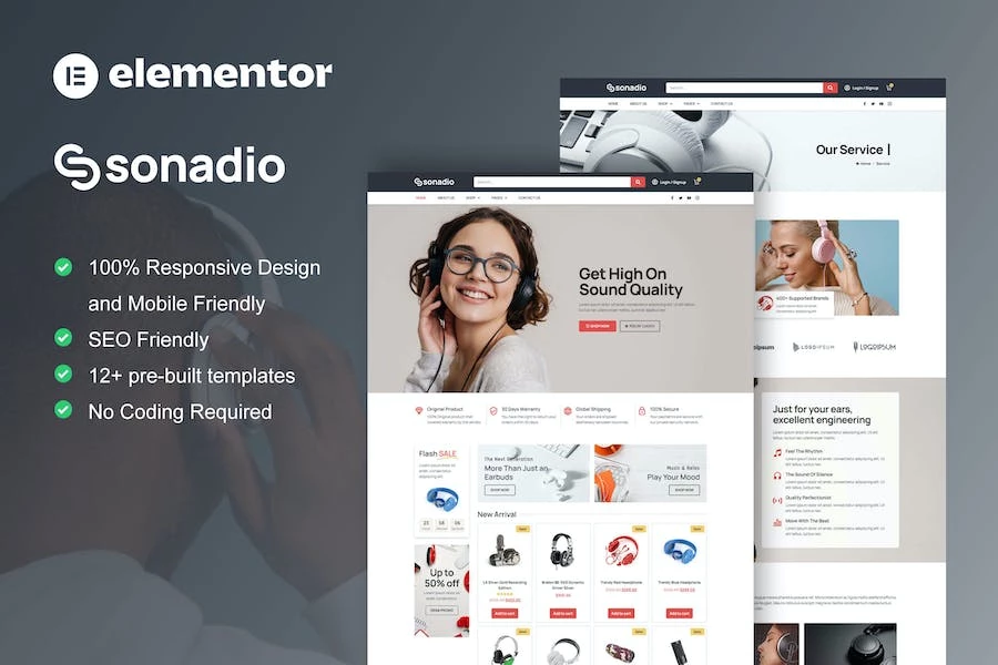 Sonadio - Template Kit Elementor Pro para tienda de audio de Woocommerce