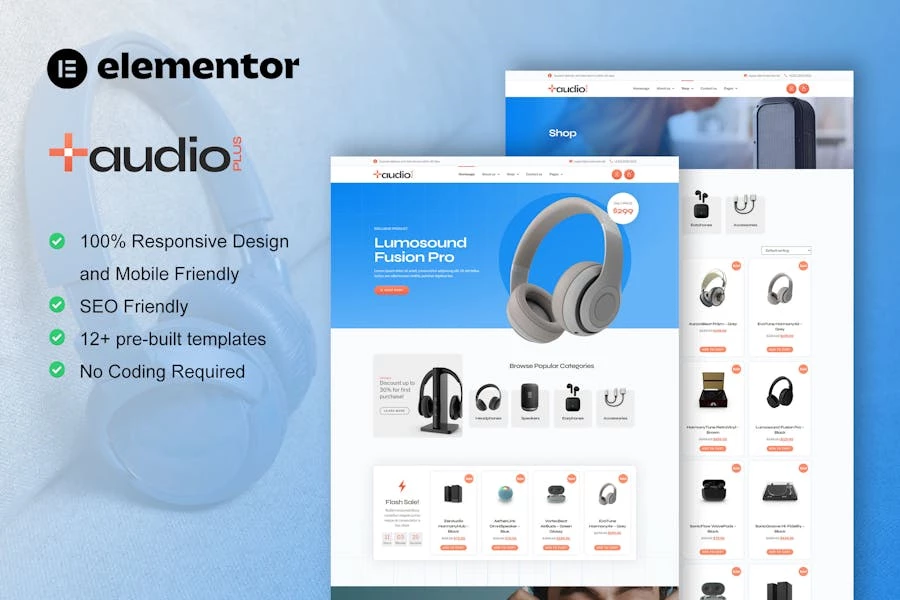 AudioPlus - Kit de plantillas Elementor para WooCommerce para tienda de audio