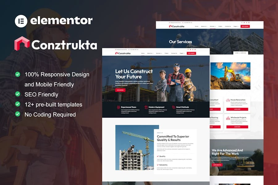 Conztrukta - Template Kit Elementor para servicios de construcción