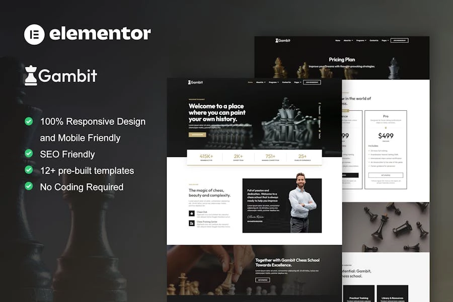 Gambit - Kit de plantillas Elementor para cursos y entrenamiento de clubes de ajedrez