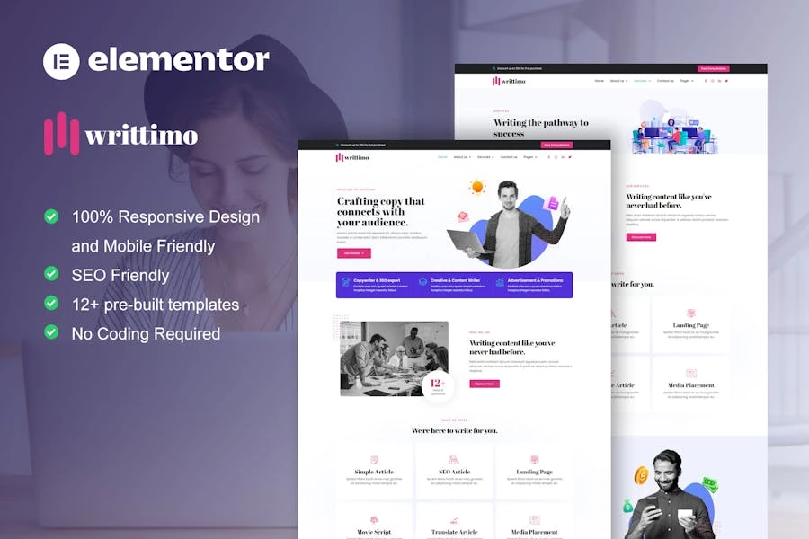 Writtimo - Kit Elementor para agencias de servicios de redacción de contenido
