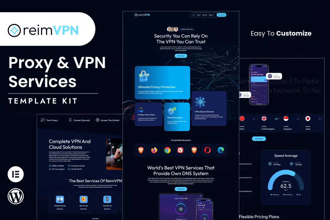 Reimvpn - Kit de plantillas Elementor para servicios de proxy y VPN