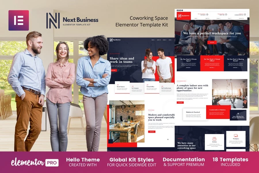 Next Business: Kit de plantillas Elementor Pro para espacios de trabajo conjunto