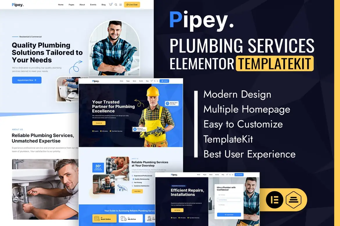 Pipey - Kit de plantillas Elementor para servicios de plomería