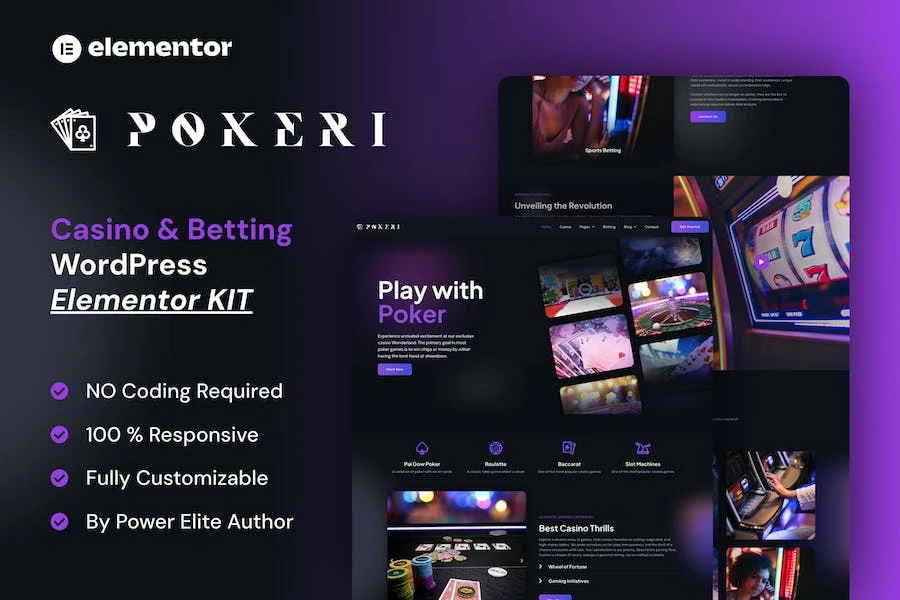 Pokeri - Kit de plantillas Elementor Pro para casinos y apuestas