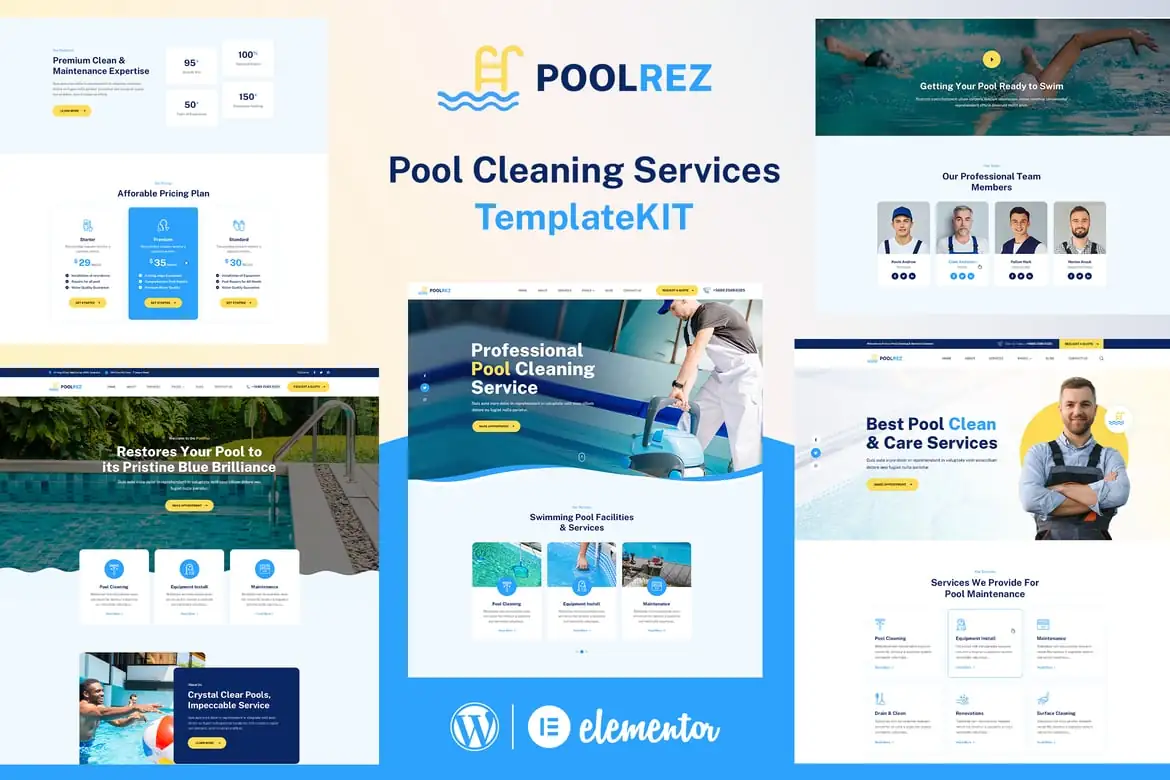 Poolrez - Kit de plantillas Elementor para servicios de limpieza de piscinas