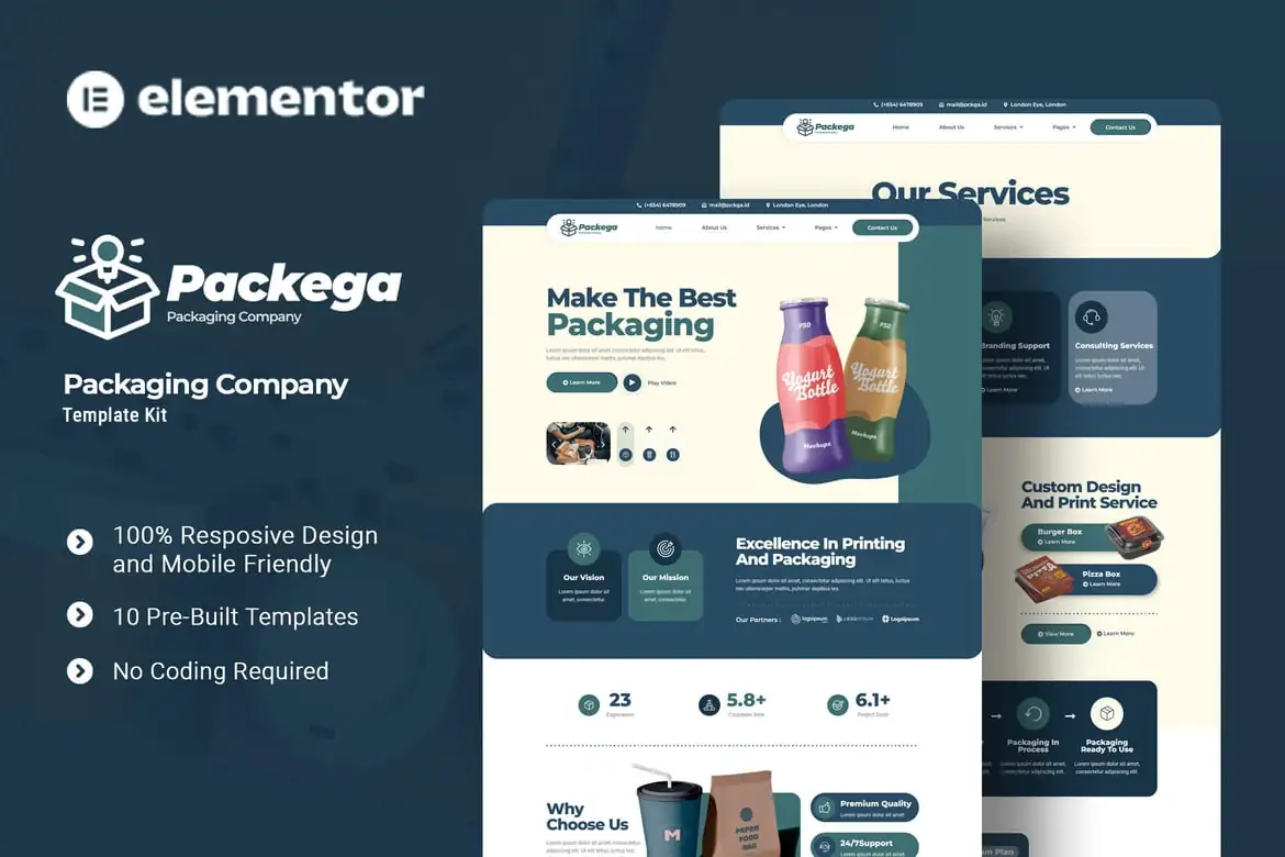 Packega - Kit de plantillas Elementor para empresas de envasado