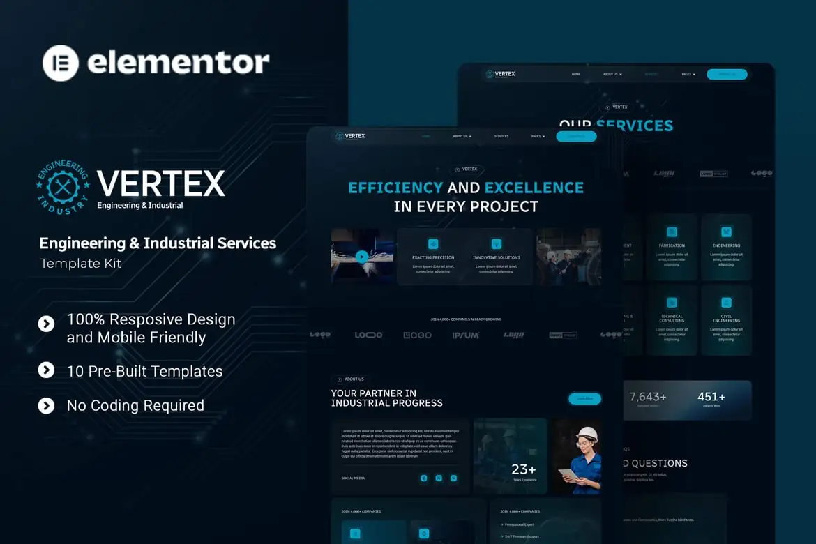 Vertex - Kit de plantillas Elementor para servicios industriales y de ingeniería