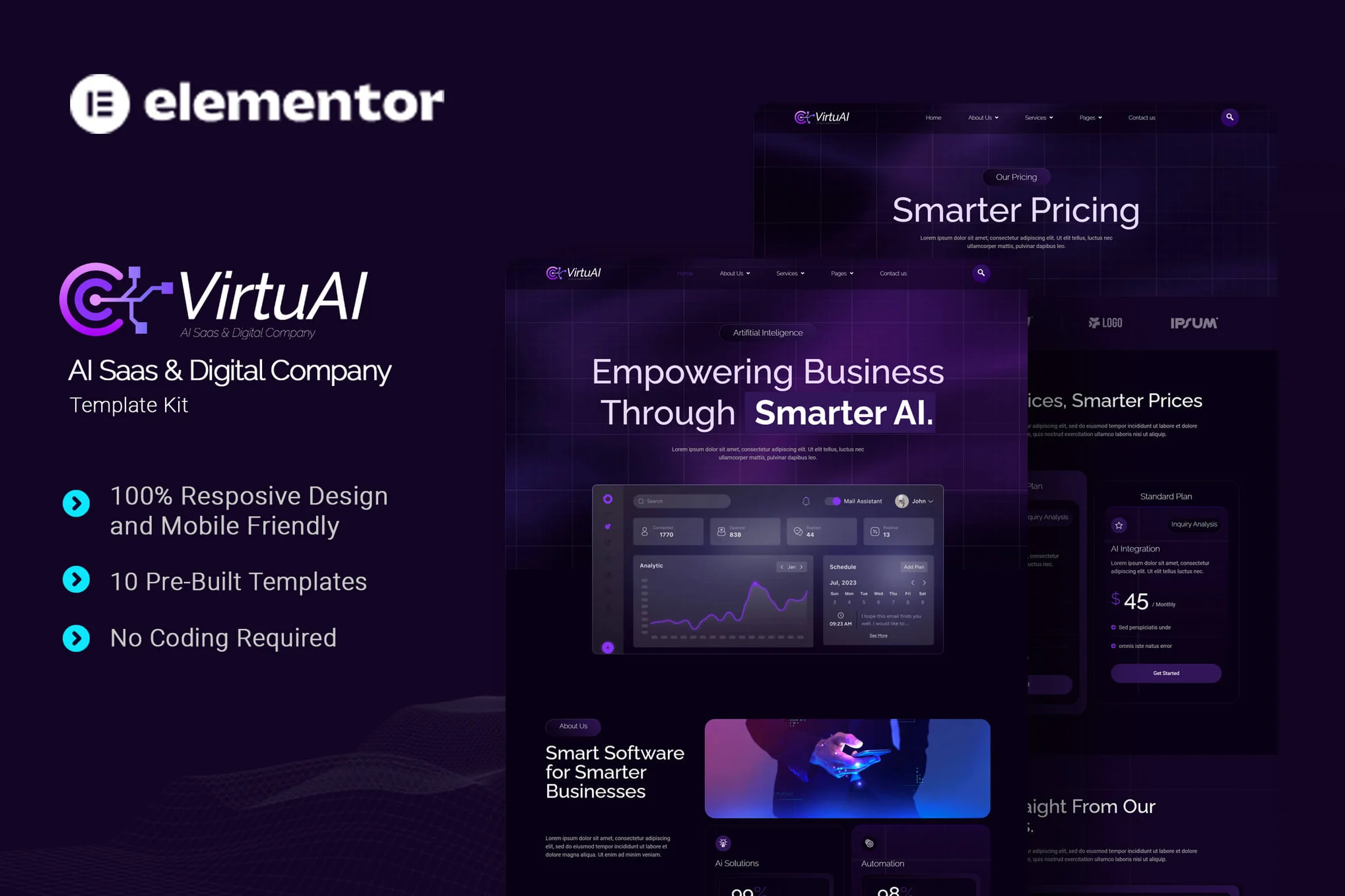 VirtuAI - Kit de plantillas Elementor para Saas y empresas digitales con IA