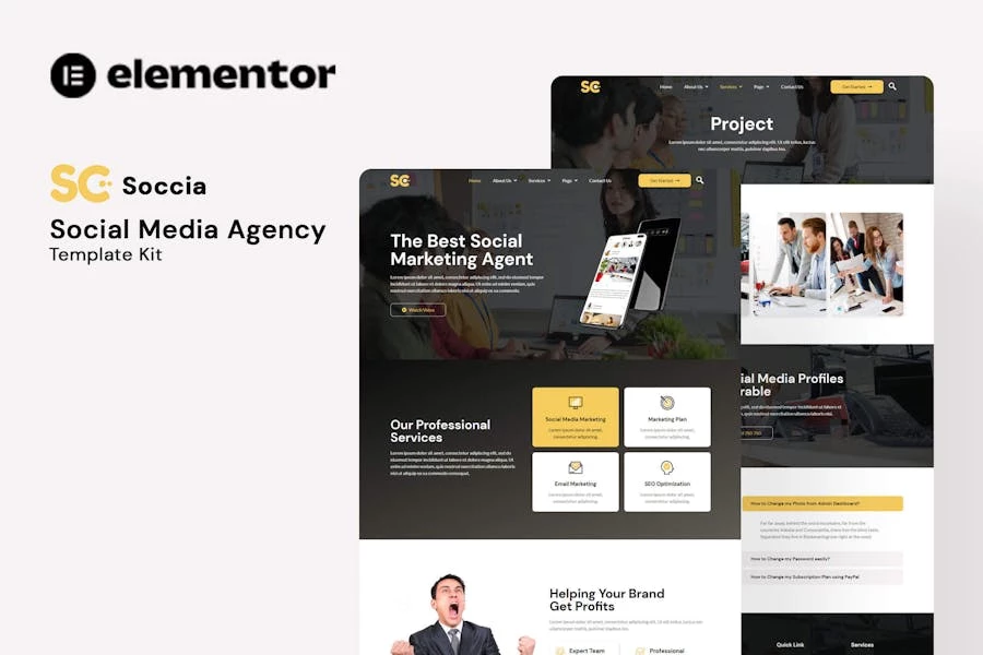 Soccia - Template Kit Elementor de la agencia de redes sociales