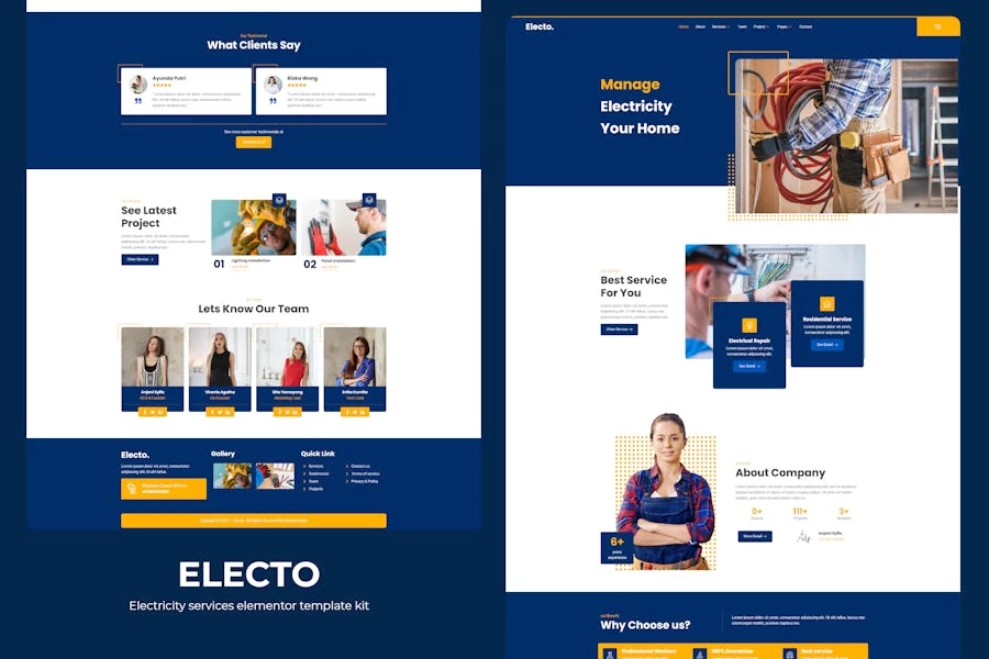Electo - Kit de plantillas Elementor para servicios de electricidad