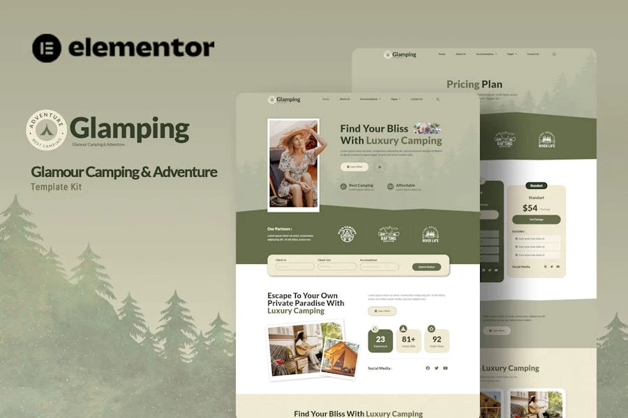Glamping - Kit de plantillas Elementor para acampar y aventuras de Glamping