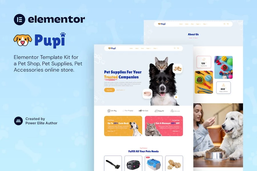 Pupi - Template Kit Elementor para tienda de mascotas y suministros para mascotas