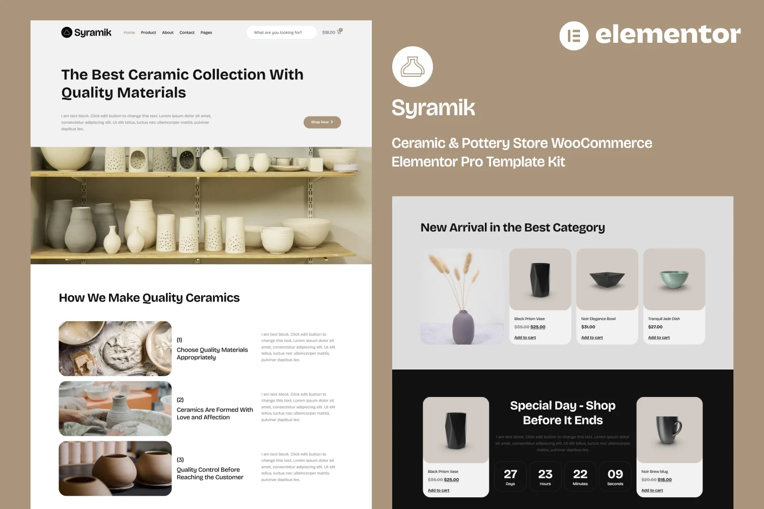 Syramik - Kit de plantillas WooCommerce Elementor Pro para tienda de cerámica y cerámica