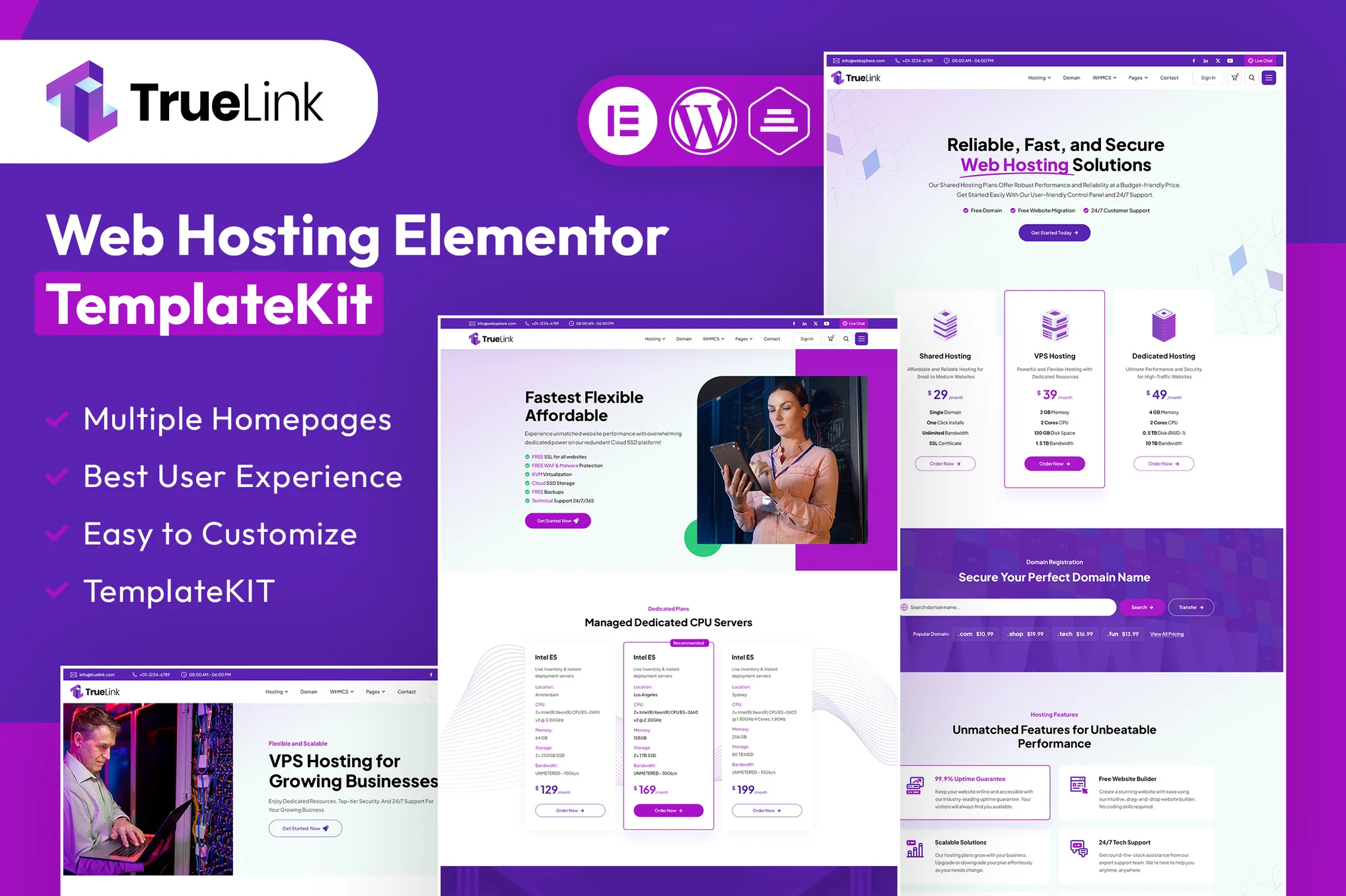 TrueLink - Kit de plantillas Elementor para alojamiento web