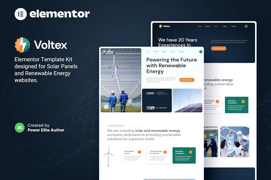 Voltex ? Kit de plantillas Elementor para empresas de paneles solares y energía renovable